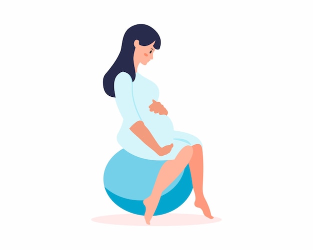 Pregnant woman sitting on fitball holding her belly Mother in labor flat vector illustration