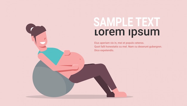 Vector pregnant woman sitting on gymnastic ball girl