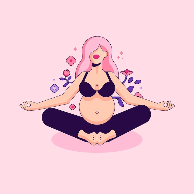 Pregnant Woman Sitting in Lotus Position Hatha yoga Minimalistic Geometric Lady Prenatal exercise