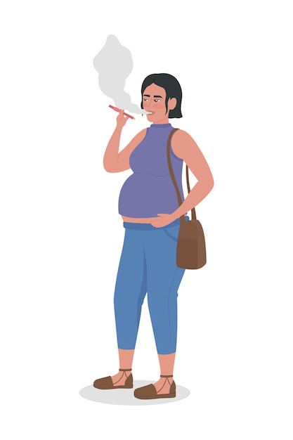 임신한 여자 흡연 세미 플랫 컬러 벡터 문자입니다. 흰색에 전신 사람입니다. 증가하는 건강 문제 위험은 그래픽 디자인 및 애니메이션을 위한 격리된 현대 만화 스타일의 그림입니다.