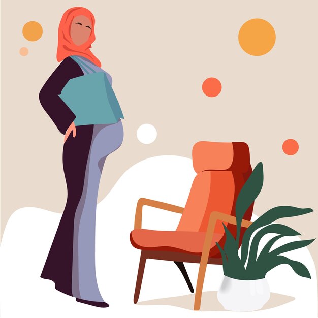 A Pregnant woman standing in front of an orange chair with a plant in the background