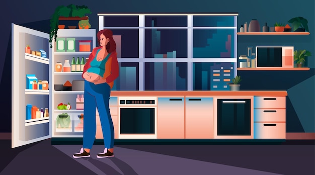 pregnant woman standing near refrigerator nutrition diet during pregnancy motherhood expectation concept modern kitchen interior horizontal vector illustration