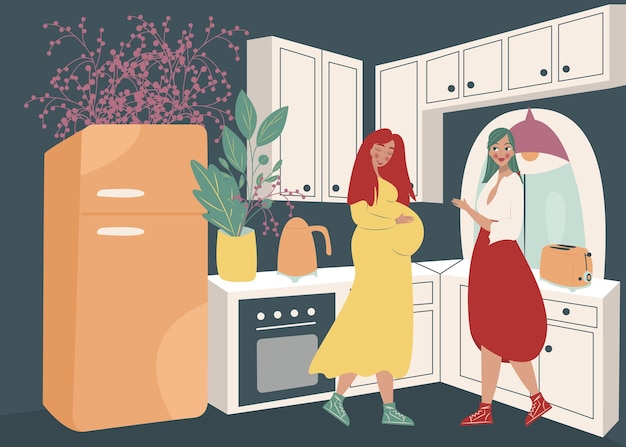 Vector pregnant woman talking with her girlfriend on a kitchen