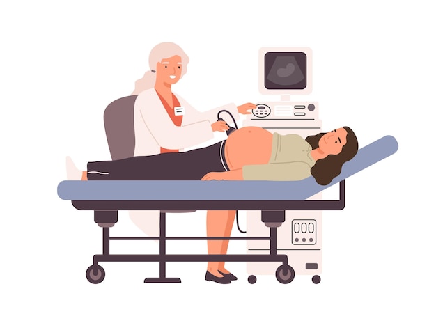 Pregnant woman at ultrasound examination. Doctor checkup and monitoring patient health with ultrasonic imaging device. Prenatal care. Flat vector cartoon illustration isolated on white background.