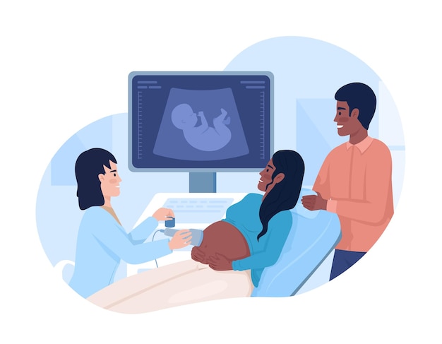 Vector pregnant woman undergoing ultrasound scan with partner 2d vector isolated illustration