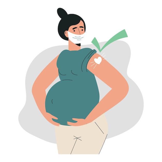 Vector pregnant woman vaccination or after vaccine concept injection in shoulder and green check pregnant getting vaccine shot woman in face mask showing arm with bandage vector illustration