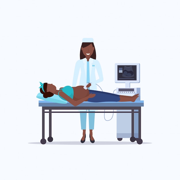   pregnant woman visiting doctor doing ultrasound fetus screening at digital monitor gynecology consultation healthcare concept modern hospital equipment  full length
