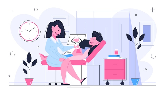 Vector pregnant woman visiting doctor in hospital. patient is examined by professional. checking belly by ultrasound.   illustration