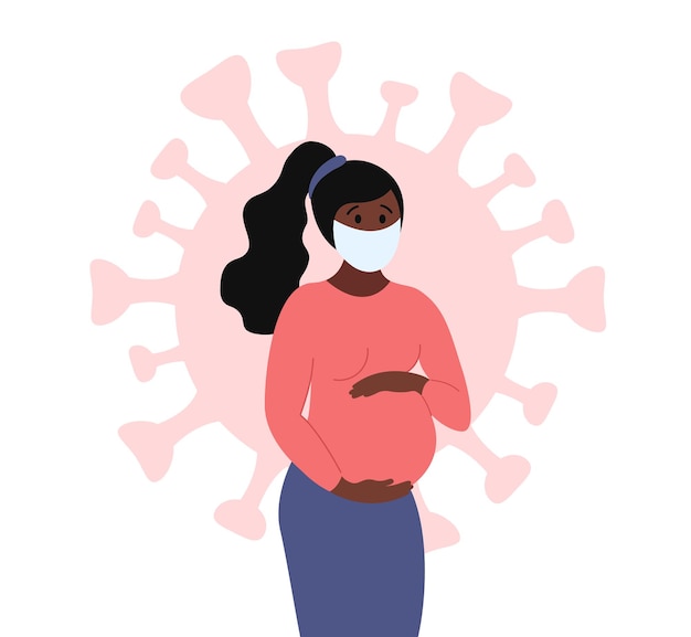 Vector pregnant woman wearing medical face mask and touching belly. coronavirus covid 19 as background. healthy pregnancy concept. vector flat illustration.