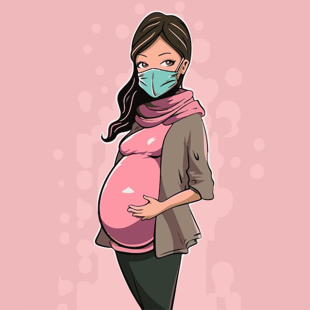 A pregnant woman wears a mask on her belly.