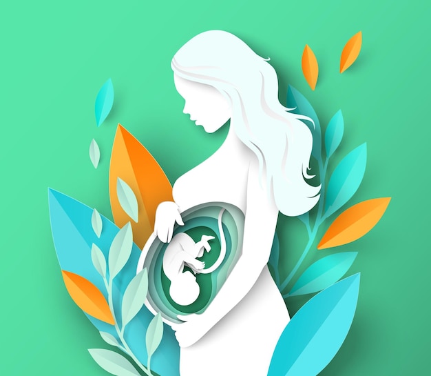 Vector pregnant woman with baby fetus paper cut vector