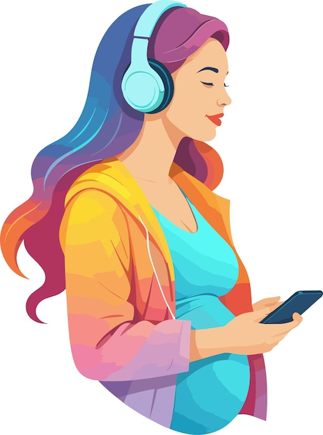 Pregnant woman with big belly wearing wireless headphone listening to music stress relief healthcare