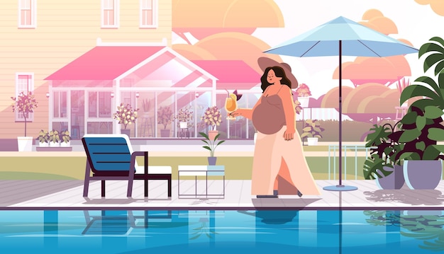 Vector pregnant woman with cocktail relaxing near swimming pool pregnancy motherhood expectation concept horizontal