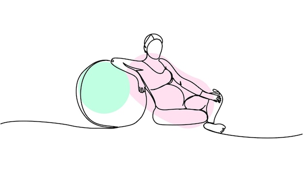 Pregnant woman with fitness ball one line art with colorful elements Continuous line drawing of pregnancy sports fitness preparation for childbirth sports before childbirth relaxation