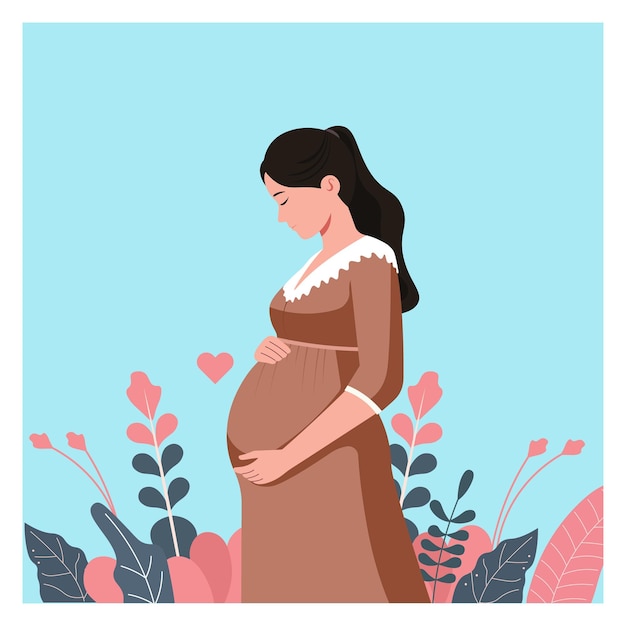 Vector a pregnant woman with a flower on pink background happy pregnant woman holds her belly