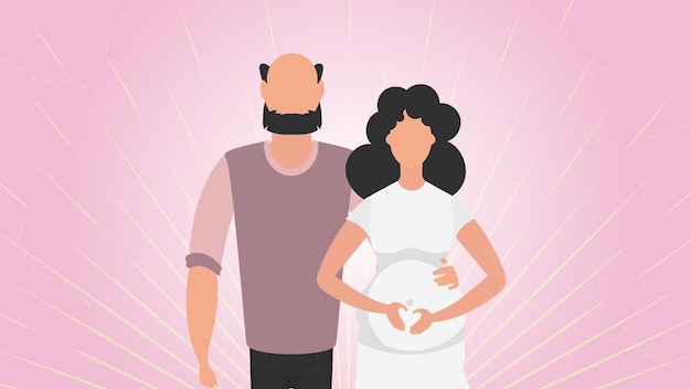 Pregnant woman with her husband Banner on the theme Young family is waiting for the birth of a child Happy pregnancy Cute illustration in flat style