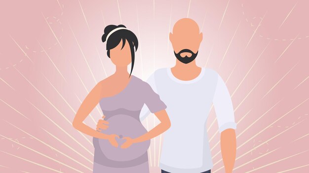 Vector pregnant woman with her husband banner on the theme young family is waiting for the birth of a child happy pregnancy vector illustration