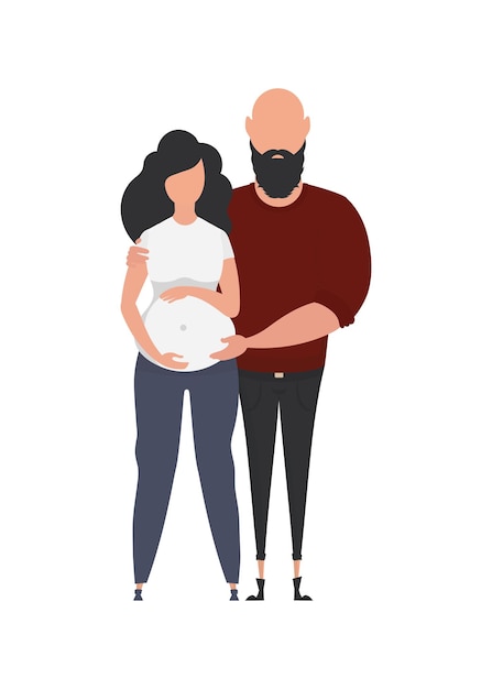 Vector pregnant woman with her husband in full growth isolated on white background happy pregnancy concept vector in cartoon style