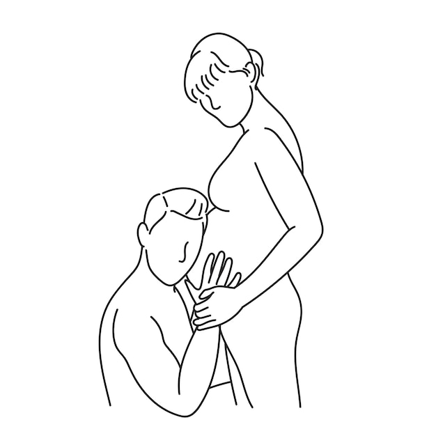 夫と妊娠中の女性 ベクトル イラスト 連続線画ベクトル描画
