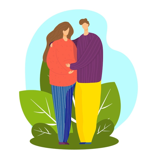 Pregnant woman with partner standing together outdoor setting with leaves expectant couple embracing