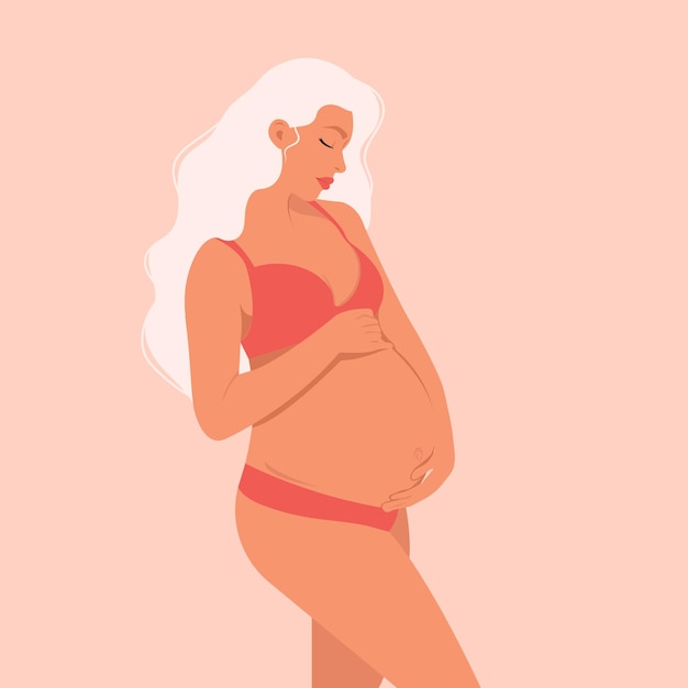 Pregnant woman with white blonde hair future mother hugging her belly with her arms in natural color