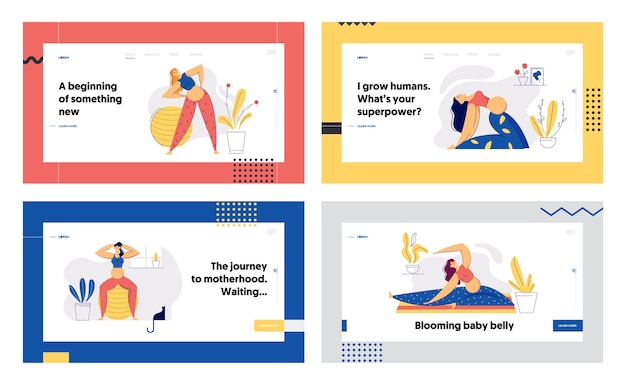 Vector pregnant woman in yoga position landing page set. young mother exercises