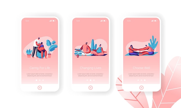 Insieme della schermata della pagina dell'app mobile per attività sportive fitness per donne incinte
