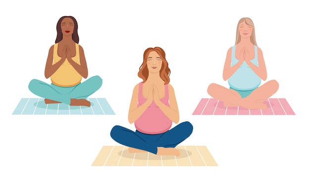 Pregnant women meditating illustration in flat cartoon style