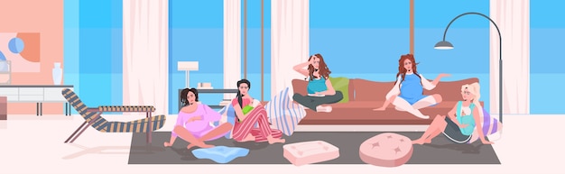 pregnant women and mothers with children discussing during meeting girls spending time together pregnancy motherhood concept living room interior full length horizontal vector illustration