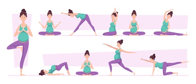 Donna yoga incinta lo sport pone personaggi rilassati yoga ricreazione pone esatte illustrazioni vettoriali impostate