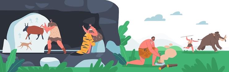 Vector prehistoric ages people wear animal skin use primitive tools for hunting, light a fire, painting. man chase mammoth, woman sewing skin, neanderthal characters lifestyle. cartoon vector illustration