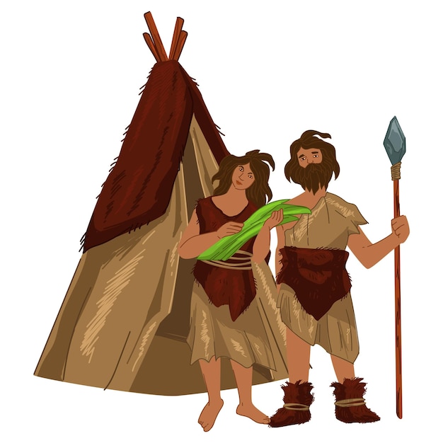 Vector prehistoric culture ancient man and woman by hut