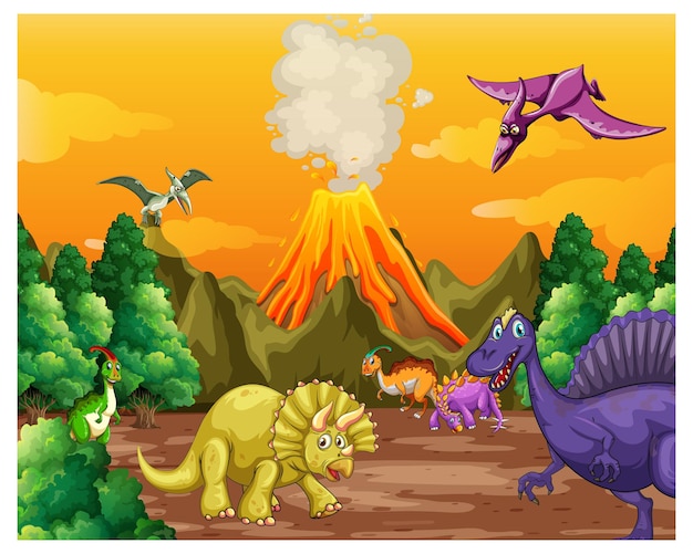 Prehistoric forest scene with various dinosaurs