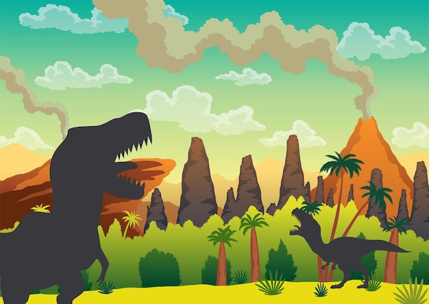 Vector prehistoric landscape volcano with smoke mountains dinosaurs and green vegetation vector illustration of beautiful prehistoric landscape and dinosaurs