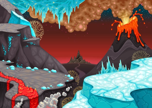 Vector prehistoric landscape with fire and ice.