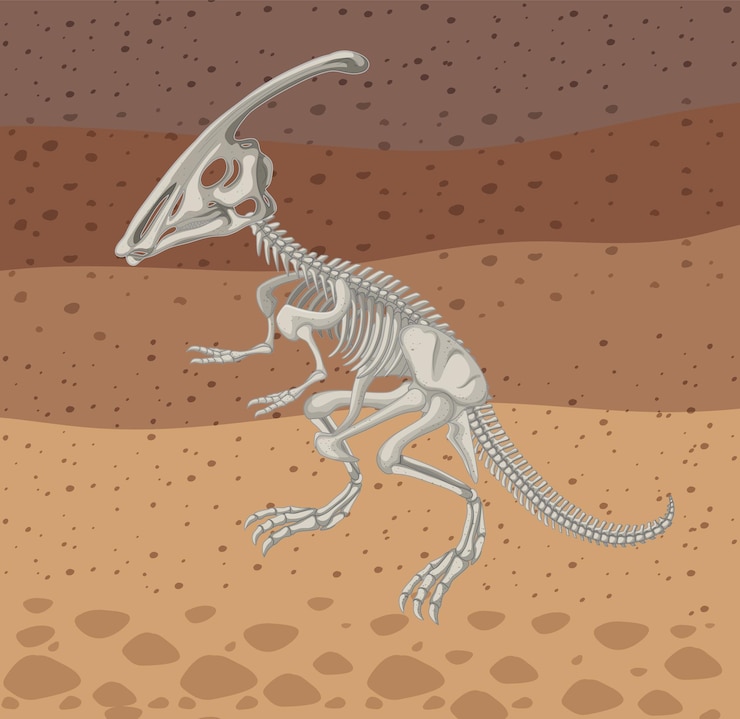 Vector prehistoric parasaurolophus skeleton in desert