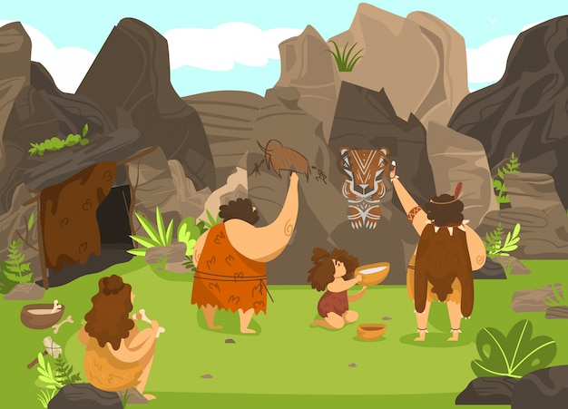 Prehistoric people drawing on rock, stone age cavemen and cute child in primitive tribe,  illustration