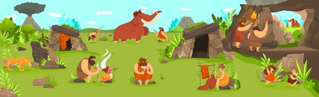 Вектор Доисторическая жизнь людей в поселении первобытного племени, мужчины, охотящиеся на мамонтов и играющие дети, иллюстрация