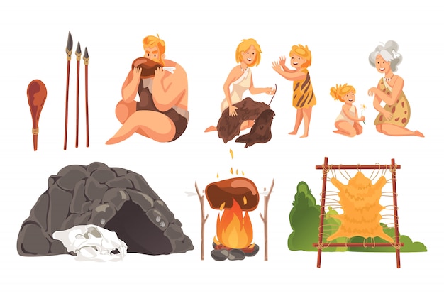 Vector prehistoric people stone age set concept