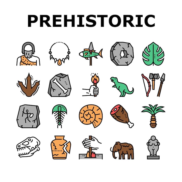 Vector prehistoric period collection icons set vector
