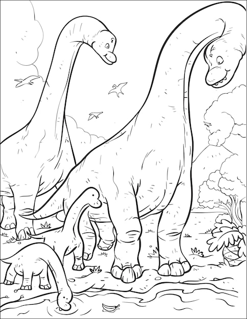 Prehistoric predatory dinosaur brachiosaurus and cute baby dinosaur coloring book and coloring page