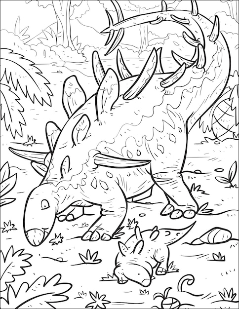 Prehistoric predatory dinosaur Kentrosaurus and cute baby dinosaur coloring book and coloring page