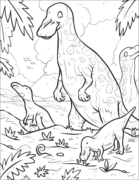 prehistoric predatory dinosaur trachodon and baby dinosaur coloring book and coloring page