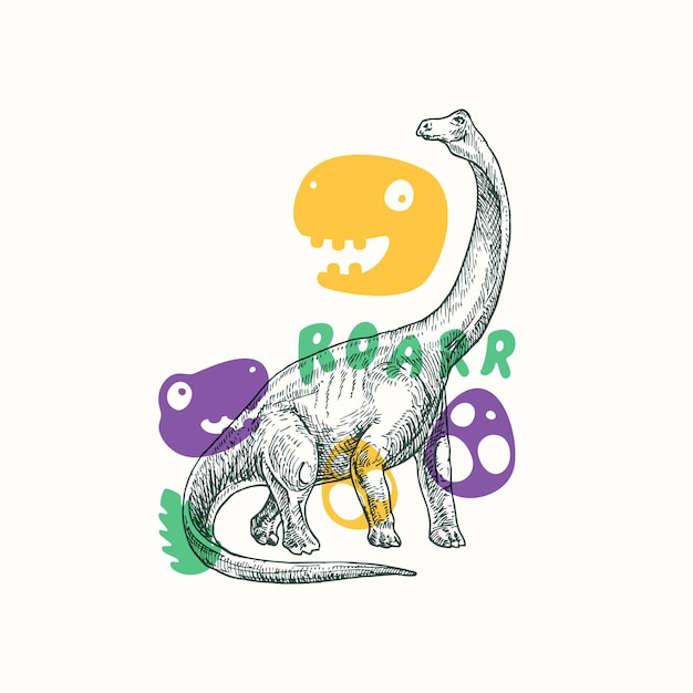 Prehistorische dinosaurus abstracte teken symbool of kaart sjabloon hand getrokken brontosaurus reptiel met grappige vlakke stijl illustraties schattig vector tshirt print of embleem concept