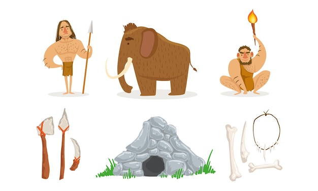 Vector prehistorische steentijd set primitieve mensen mammut wapen steengrot vector illustratie