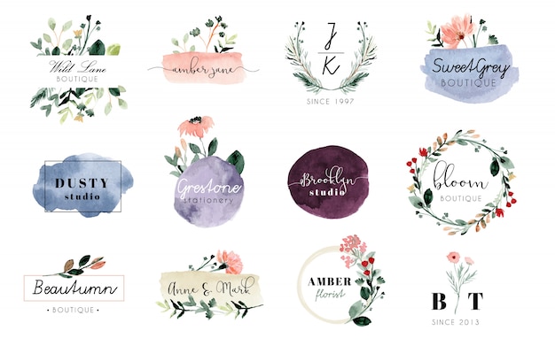 Premade logo floral and brush stroke watercolor collection