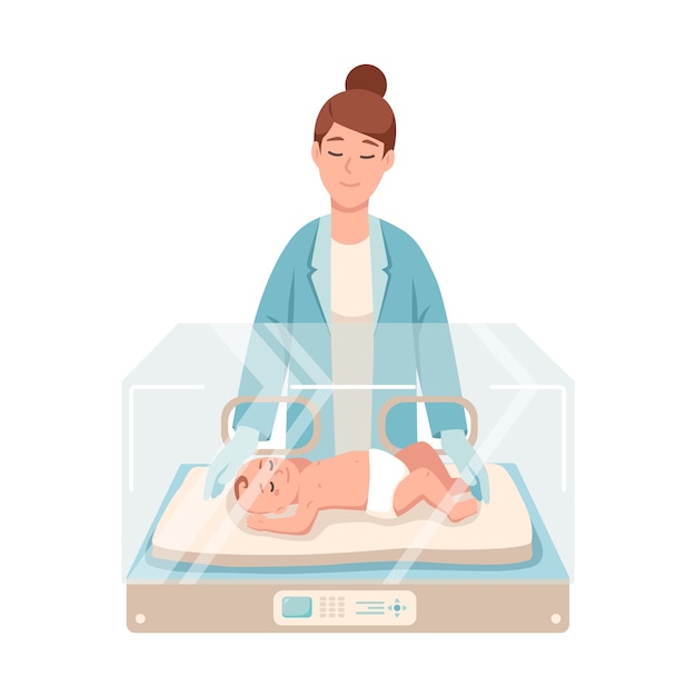 조산아가 신생아 중환자 실 안에 누워 있고, 여의사 또는 소아과 간호사가 옆에 서서 확인합니다.