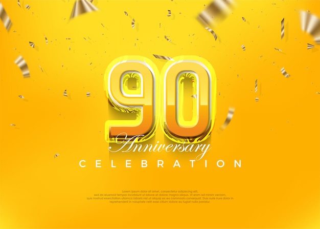 Premium 90th anniversary celebration design with modern yellow 3d numbers Premium vector background for greeting and celebration