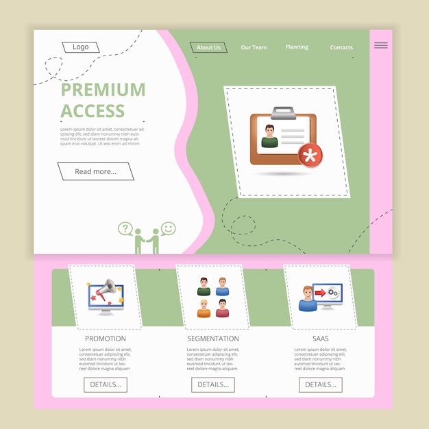 Vector premium access flat landing page website template promotion segmentation saas web banner with header