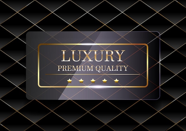 Premium black label with golden frame on black geometric background Dark luxury logo template Vector illustration